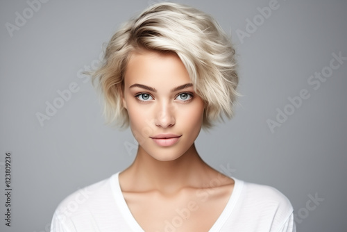 Close portrait of young smiling beautiful blonde woman with short hair isolated on empty gray background with space for text or inscriptions 