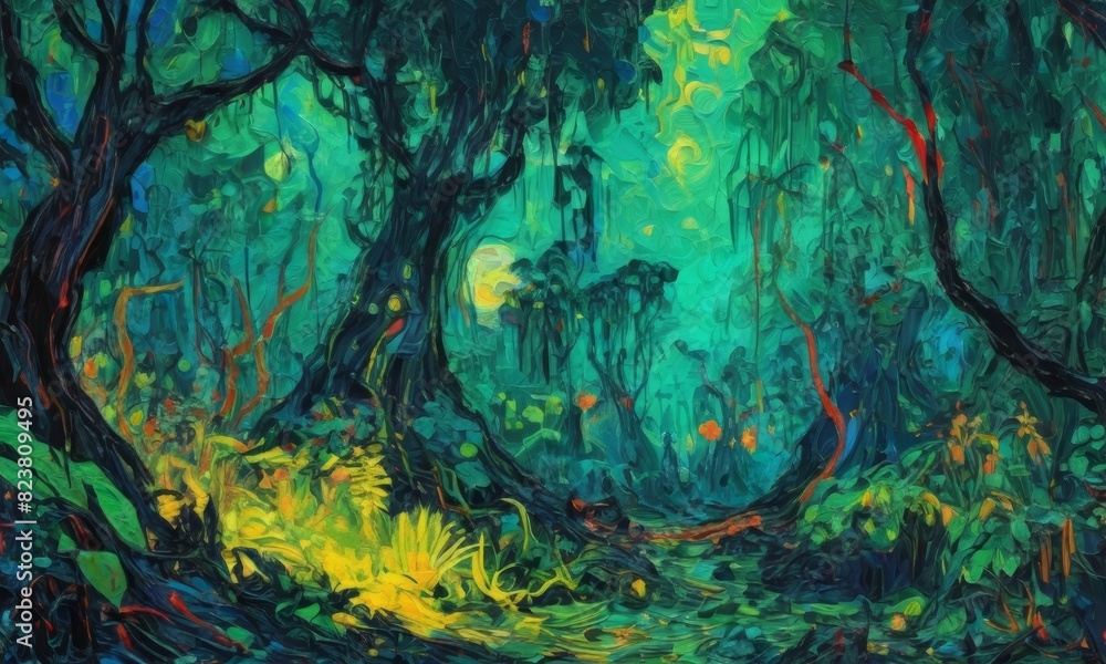 Fototapeta premium painting of a rainforest in oil, in the style of famous artists