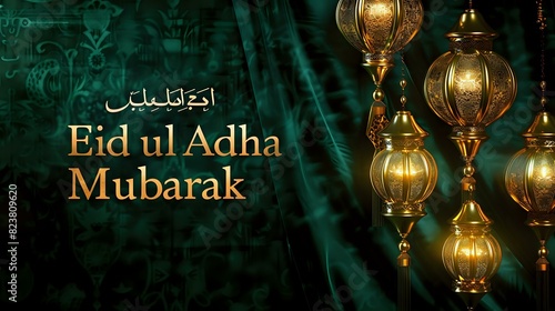 A lush, dark green velvet background with golden Ramadan lanterns casting soft light, and the words "Eid ul Adha Mubarak" embossed in a stylish, modern font.