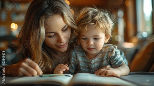 Mother reading a book with her young child in a cozy setting. Perfect stock photo for parenting, education, and family bonding projects. High-resolution image capturing warmth and learning moments.