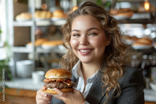 a girl in a black suit with a hamburger in her hands in the interior