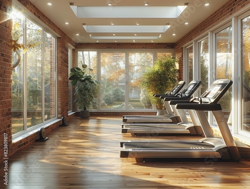 Modern home gym with treadmills and large windows overlooking nature. Bright and spacious fitness room perfect for health and wellness projects. High-resolution stock photo of a contemporary workout s photo