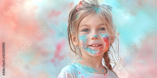 Blissful child adorned in vibrant paint exuding pure joy and imagination. Concept Children Photography, Creative Expression, Colorful Portraits, Joyful Moments, Imaginative Themes photo