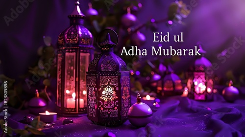 A mystical arrangement with deep purple and black Ramadan lanterns, "Eid ul Adha Mubarak" in a magical, enchanting font on a mystical purple background.