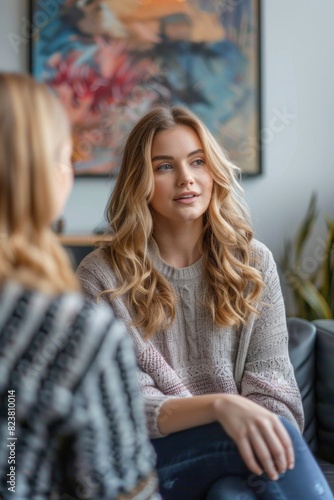 female therapist talking to smiling woman patient at hospital, ai generated