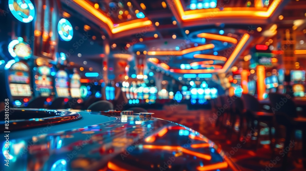 Vibrant casino interior with bright lights and gaming tables in focus Vibrant casino interior with bright lights and gaming tables in focus