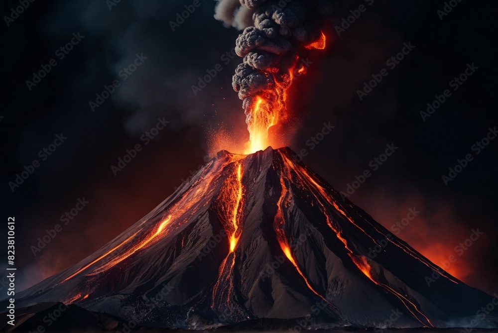 Dark volcanic eruption process. Landscape of volcano with exploding and flowing lava. Hot magma eruption and exploding with infernal smoke. Natural disaster, cataclysm, climate change concept.
