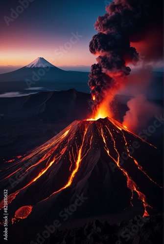 Volcanic eruption process. Landscape of volcano with exploding and flowing lava. Hot magma eruption and exploding with infernal smoke. Natural disaster, cataclysm, climate change concept. photo