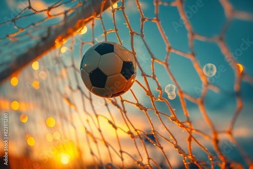 Soccer ball caught in net with sunset and stadium light in background
