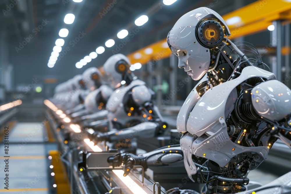 Advanced robots working in a factory, AI generated Advanced robots working in a factory, AI generated