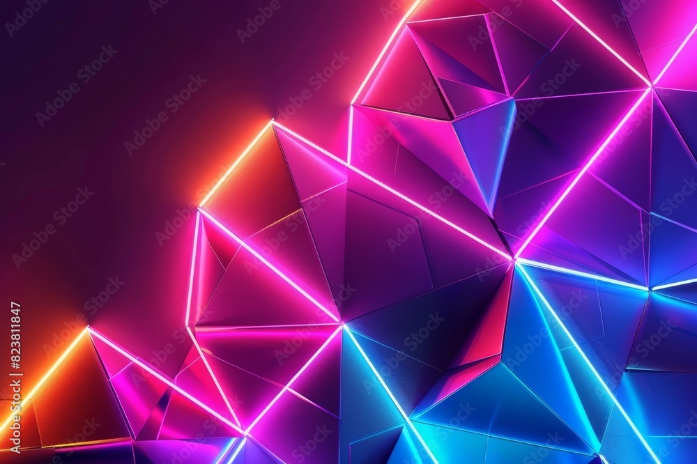 3D rendering, abstract background with polygonal shapes and neon lights. 3D rendering, abstract background with polygonal shapes and neon lights.