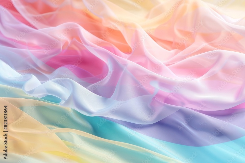 Gradient pastel rainbow colored silk fabric with pleats and waves.
