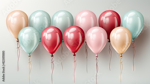 A collection of glossy balloons in pastel colors displayed in rows against a blank background  symbolizing celebration and happiness
