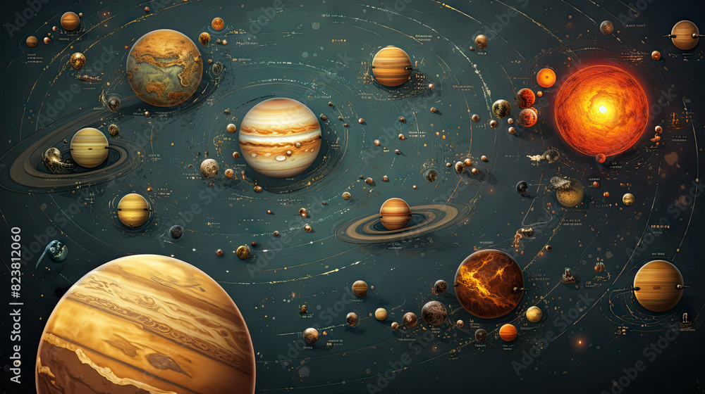Naklejka premium This is a detailed artistic representation of the solar system with planets and celestial orbits