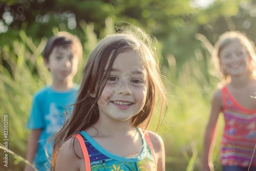 portrait of a little girl with her friends on the background of nature
