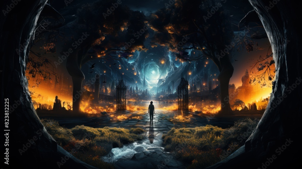 A digital artwork with a fantasy forest, a bridge, and a mysterious figure, in a fiery and magical setting