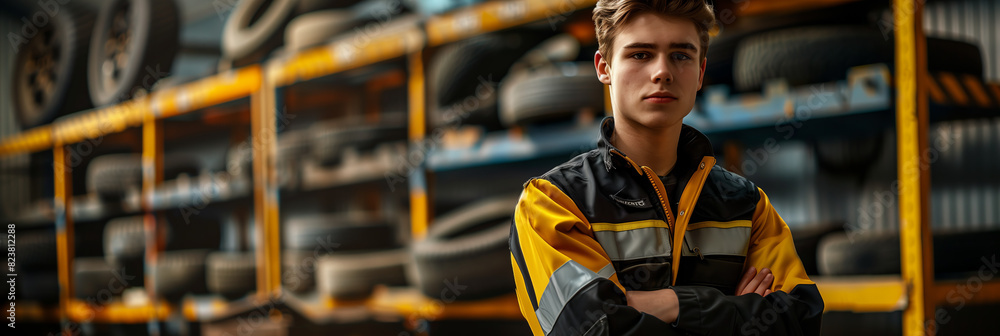Caucasian man in uniform smiling with confidence in tire shop. Caucasian man in uniform smiling with confidence in tire shop.