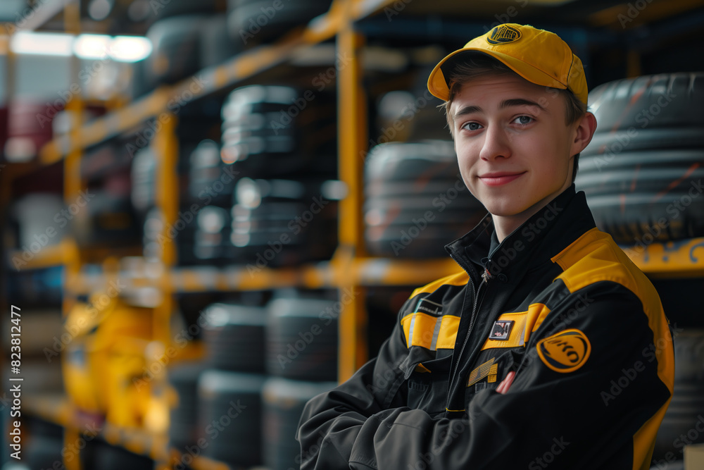 Caucasian man in uniform smiling with confidence in tire shop. Caucasian man in uniform smiling with confidence in tire shop.