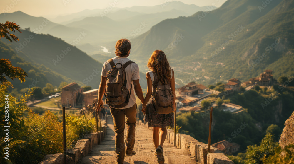 A back view of a couple descending stone stairs in a picturesque Italian village with mountain views A back view of a couple descending stone stairs in a picturesque Italian village with mountain views