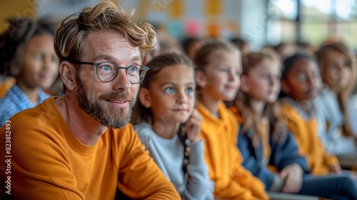 The image shows a male teacher with a beard and glasses, wearing an orange sweater, sitting in a classroom with a group of children. © ishootgood