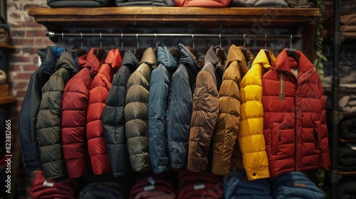 A variety of colorful winter jackets displayed on hangers against a brick wall backdrop in a store photo