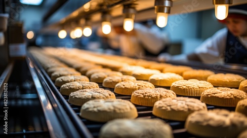 Close-up of freshly baked bread loaves on a moving conveyor belt in a commercial bakery, with glowing lights