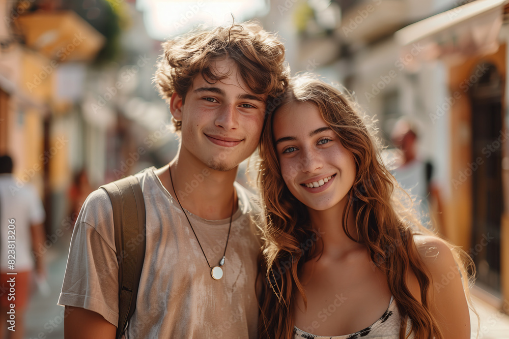 Young Caucasian couple smiling and walking along the street together with backpacks in Europe. Young Caucasian couple smiling and walking along the street together with backpacks in Europe.