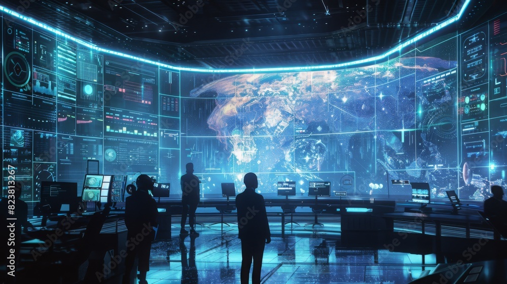 A group of scientists in a high-tech control room are examining global data displayed on large digital screens. A group of scientists in a high-tech control room are examining global data displayed on large digital screens.
