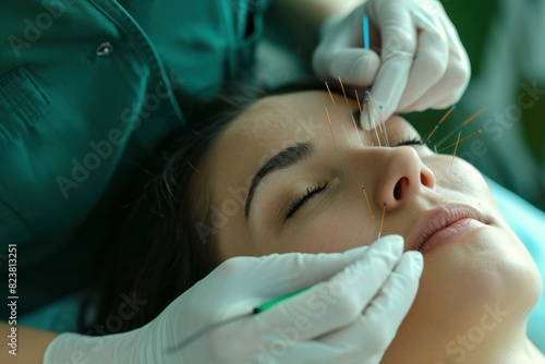Professional acupuncturist applying needles during a facial acupuncture session for stress relief and beauty care photo