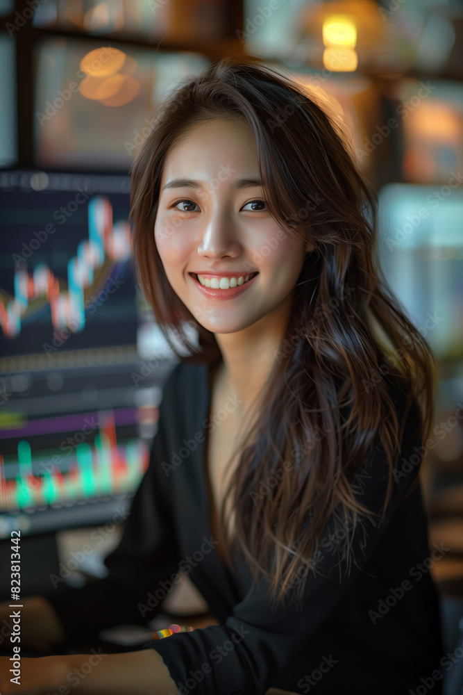 Asian woman smiling confidently at table with computer screen showing stock market charts and graphs. Asian woman smiling confidently at table with computer screen showing stock market charts and graphs.