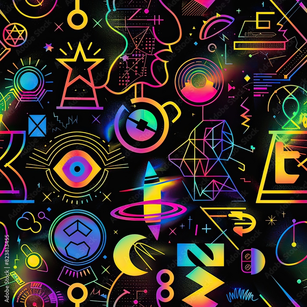 Futuristic pride symbols with holographic effects, seamless pattern, illustration, sleek and modern colors, showcasing advanced technology and LGBTQ themes