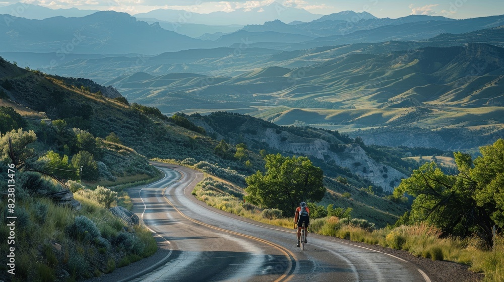 A man is riding a bicycle down a road in the mountains A man is riding a bicycle down a road in the mountains