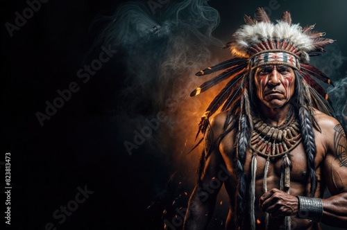 Guardians of Wisdom: The Legacy of Authority, Indian Chief and HisSymbolic Feathers Maintaining Sacred Tradition. Black Background - Copy Space.