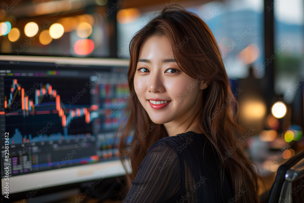 Asian woman smiling confidently at table with computer screen showing stock market charts and graphs. Asian woman smiling confidently at table with computer screen showing stock market charts and graphs.