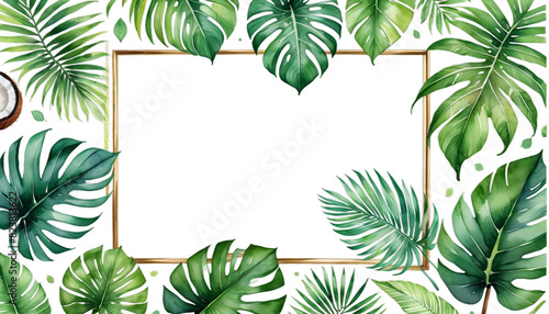leaf drawn watercolor vintage hand hawaii exotic card green coconut tropical backdrop style illustration leaves palm wallpaper frame advertising art background board border botanical tree branch