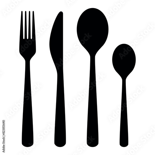 cutlery - fork, knife, spoon, teaspoon silhouette shape, set of black and white vector illustration