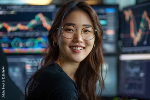 Asian woman smiling confidently at table with computer screen showing stock market charts and graphs.