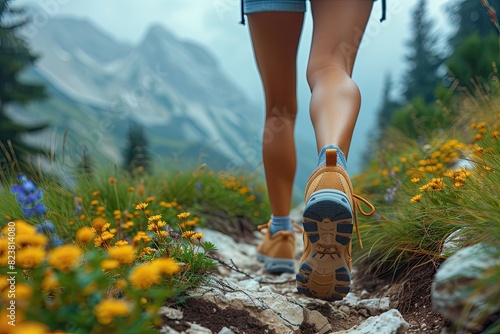 Hiking in the mountains. Female legs with sports shoes and backpack running on a trail mountain  close up