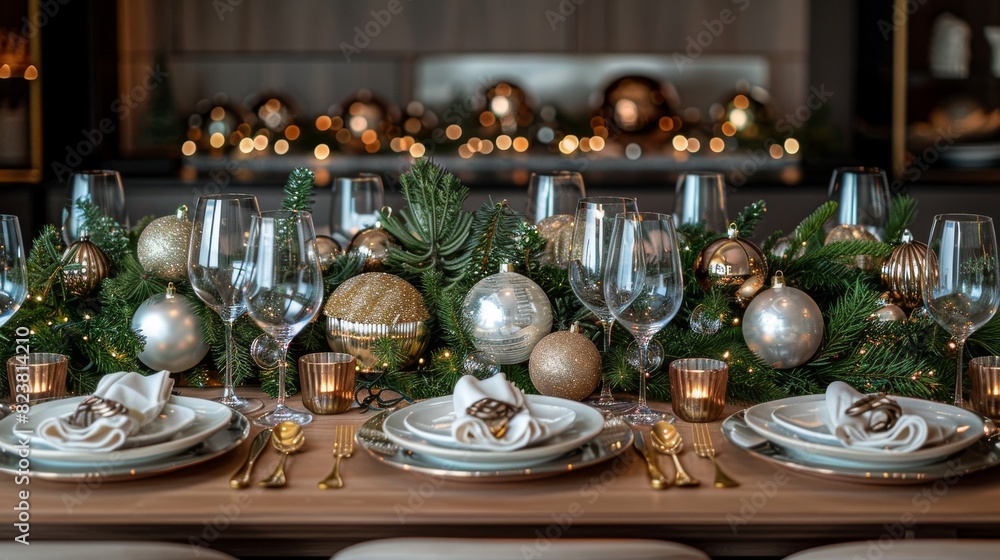 Detailed image of a holiday table setup with festive decorations and warm lighting