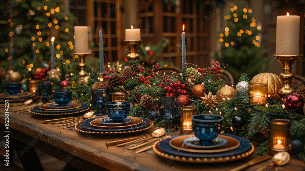 Cozy festive arrangement with lit candles and Christmas decor on a rustic wooden table