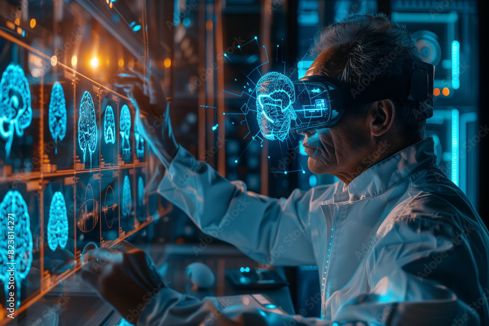 Scientists wear VR goggles on their heads and are touching a virtual holographic brain model in their office. Scientists wear VR goggles on their heads and are touching a virtual holographic brain model in their office.
