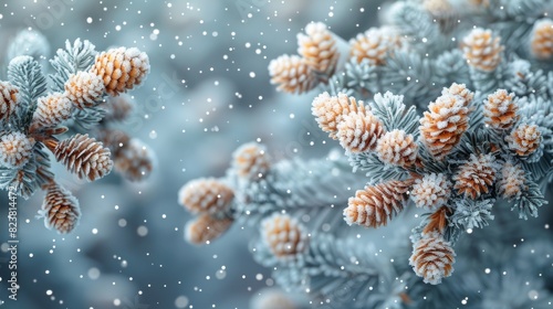 Detailed image featuring pine cones and needles covered in frost against a softly blurred snowy background photo