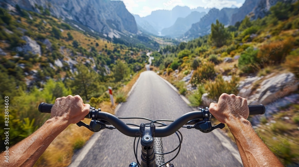 A man is riding a bike down a road with mountains in the background A man is riding a bike down a road with mountains in the background
