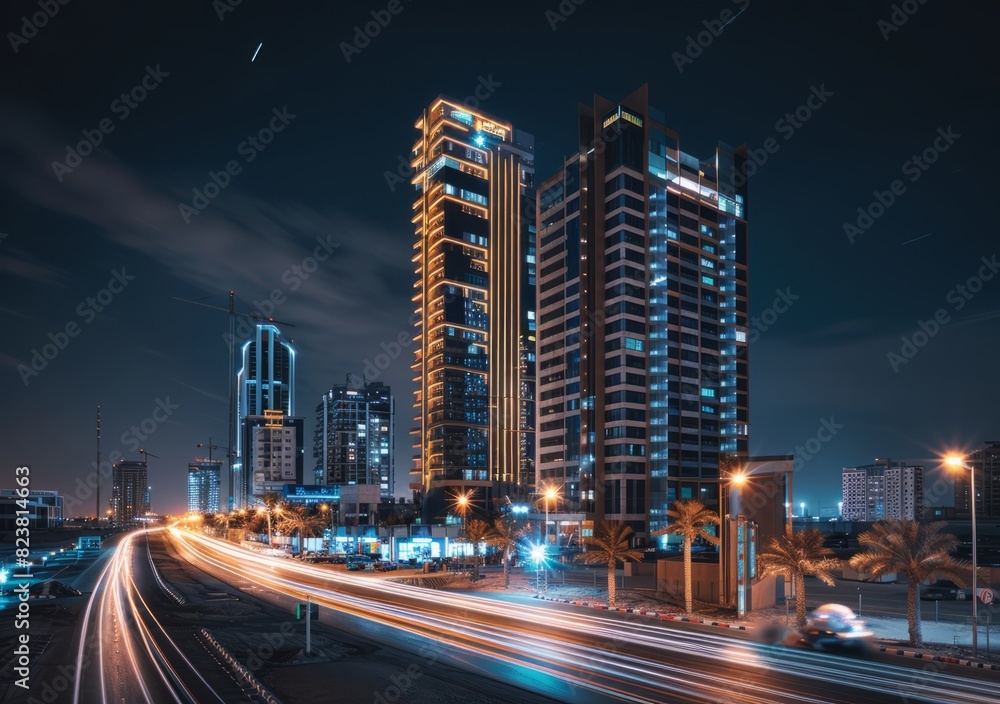 Obraz premium A stunning modern skyscrapers and palm trees. Long exposure to capture motion blur from cars passing through the street below