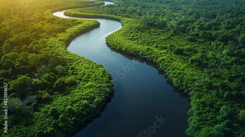 A stunning aerial photograph showcases a meandering river cutting through a dense green forest, illustrating nature's elegance