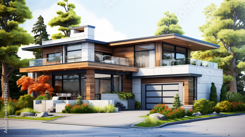 3d rendering of a modern house with garden