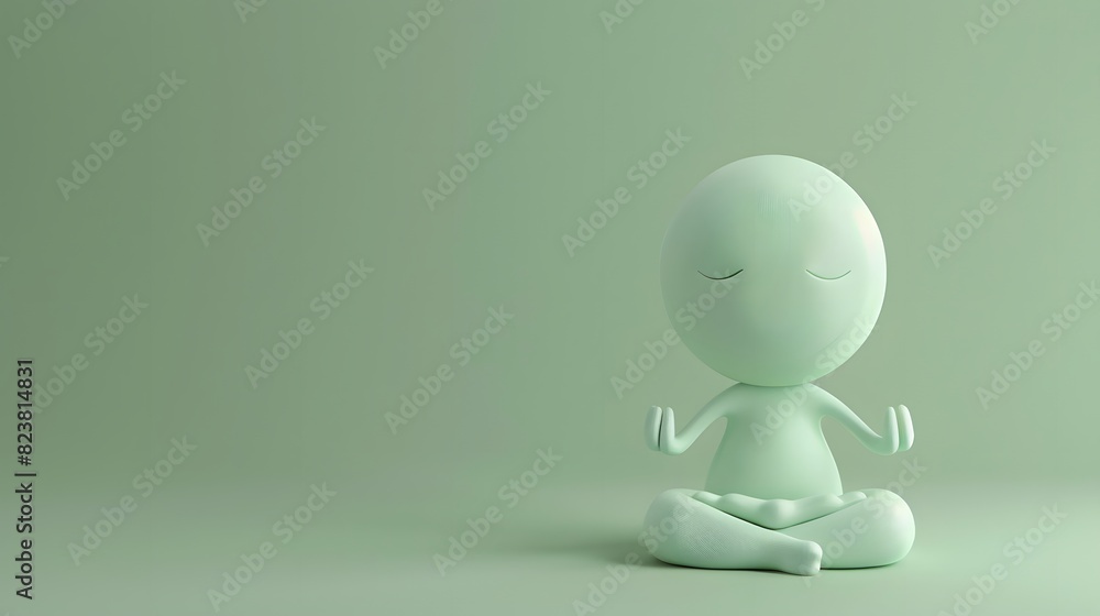 A 3D cartoon character in a lotus position with a calm expression, sitting on a solid green background A 3D cartoon character in a lotus position with a calm expression, sitting on a solid green background