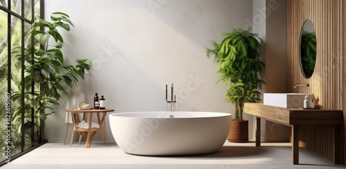 An eco-friendly minimalist bathroom features a sleek sink  pristine white bathtub  and a window offering ample natural light  creating a serene and inviting space.