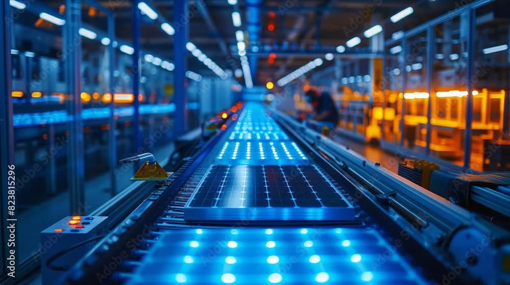 High-tech factory conveyor assembling blue solar panels for renewable energy High-tech factory conveyor assembling blue solar panels for renewable energy