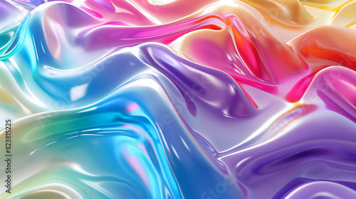 A beautiful rainbow-colored silk satin background with soft folds, highlighting the shiny fabric.